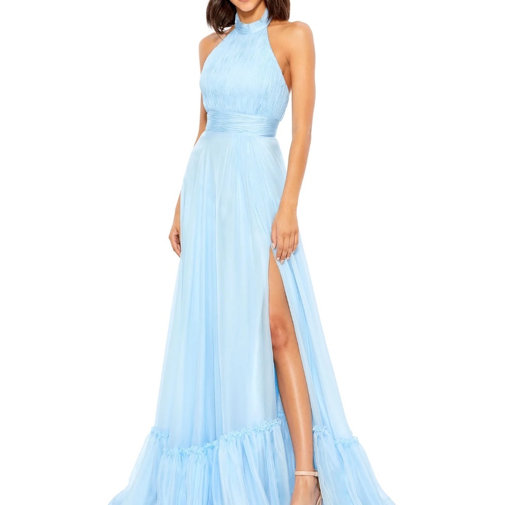 NWT Mac Duggal 67816 High Neck Tiered Chiffon Halter Gown Sky Blue Size 6